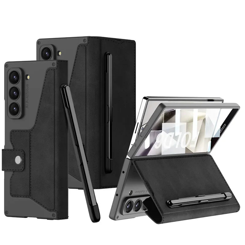 Z Fold 6 Leather Wallet Case with Screen Protector & Kickstand