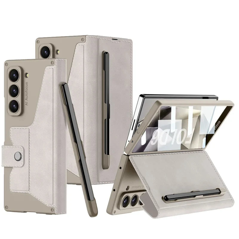 Z Fold 6 Leather Wallet Case with Screen Protector & Kickstand