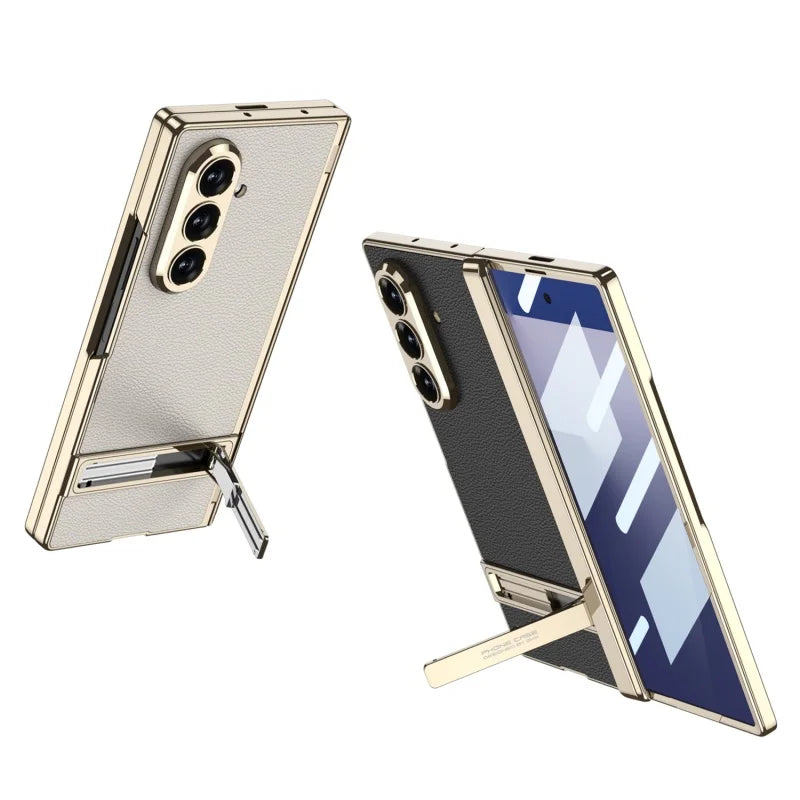MechaStand Fold – Electroplated Vegan Leather Case with Mechanical Stand