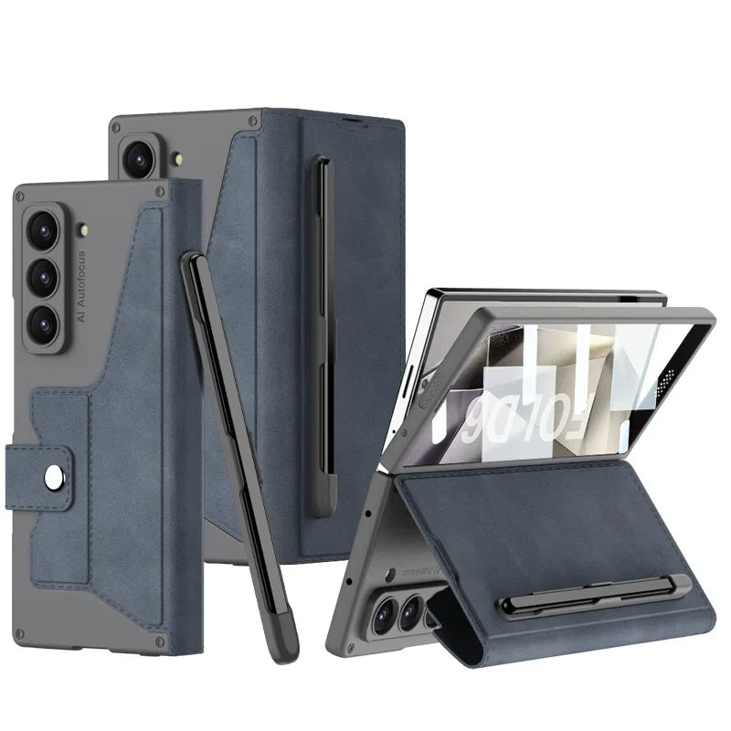 Z Fold 6 Leather Wallet Case with Screen Protector & Kickstand