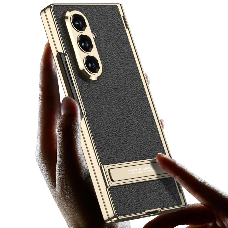 MechaStand Fold – Electroplated Vegan Leather Case with Mechanical Stand