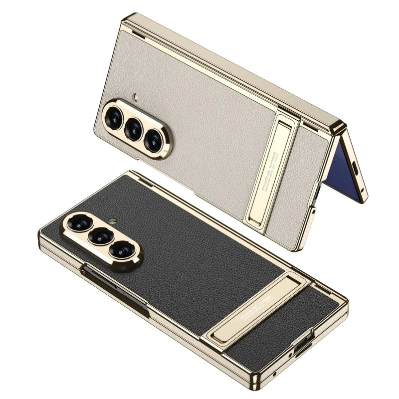 MechaStand Fold – Electroplated Vegan Leather Case with Mechanical Stand