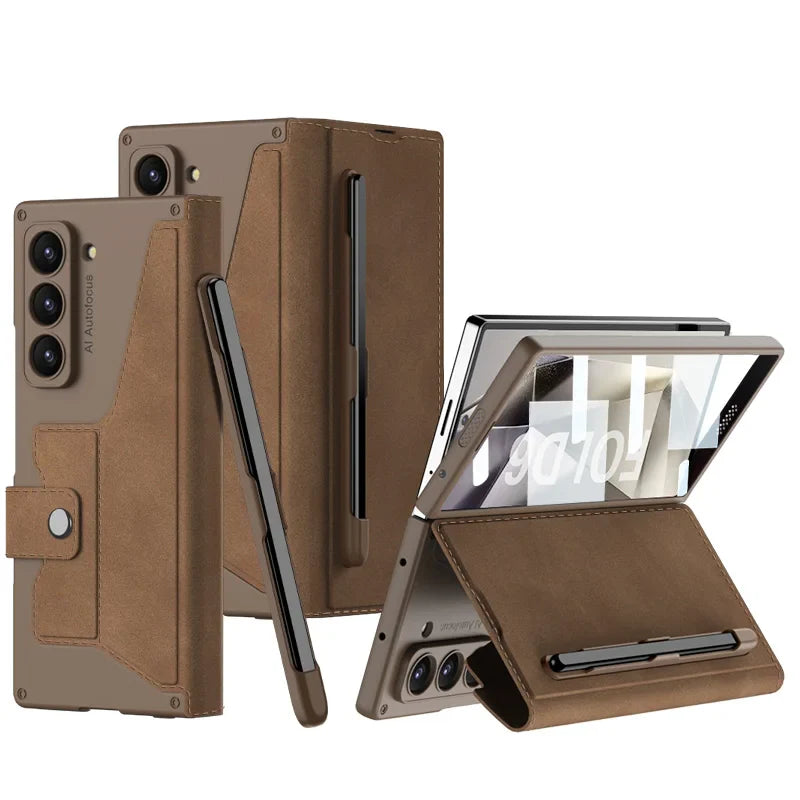 Z Fold 6 Leather Wallet Case with Screen Protector & Kickstand