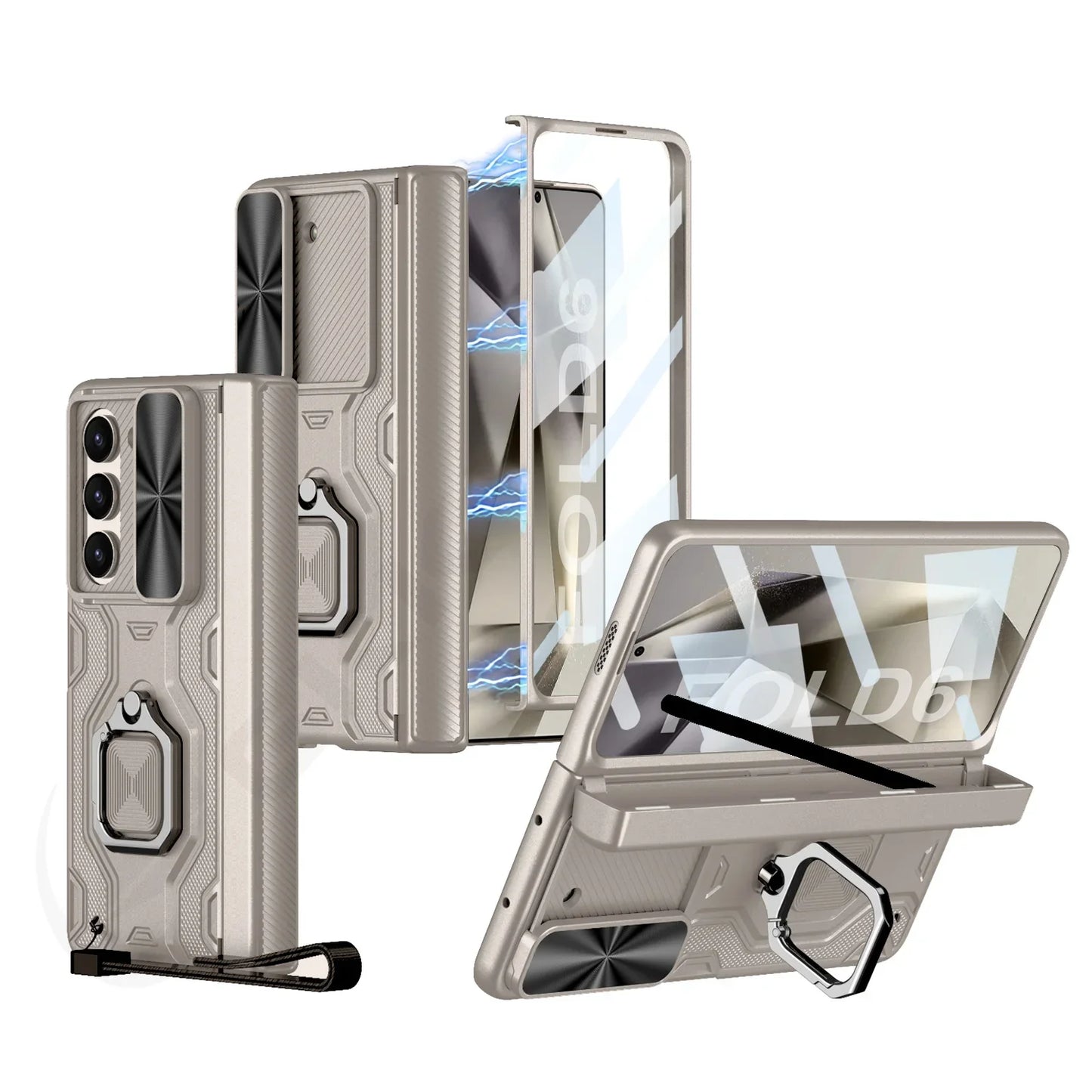 Shockproof 360° Z Fold 6 Case - Hinge, Camera Slide, Screen, Ring & Strap