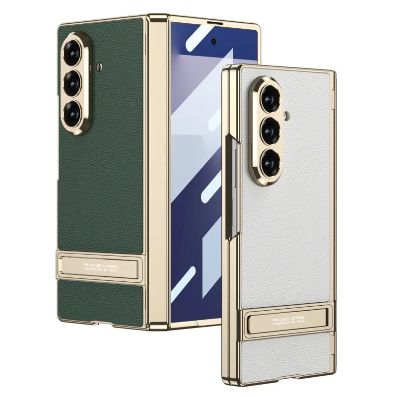 MechaStand Fold – Electroplated Vegan Leather Case with Mechanical Stand