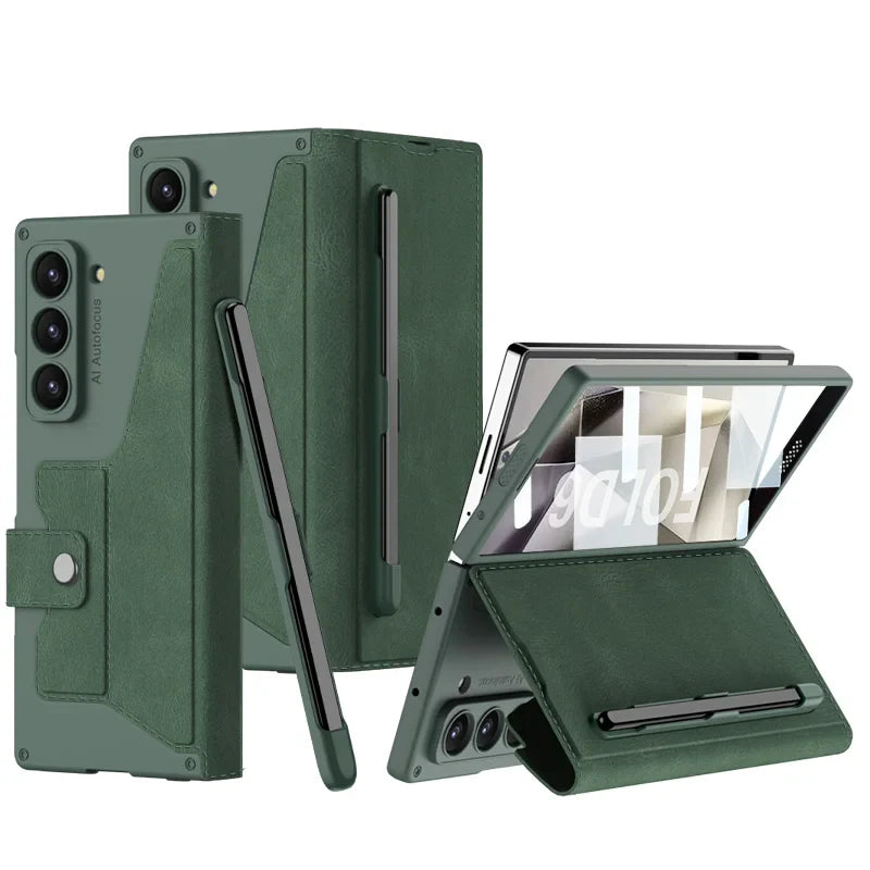 Z Fold 6 Leather Wallet Case with Screen Protector & Kickstand
