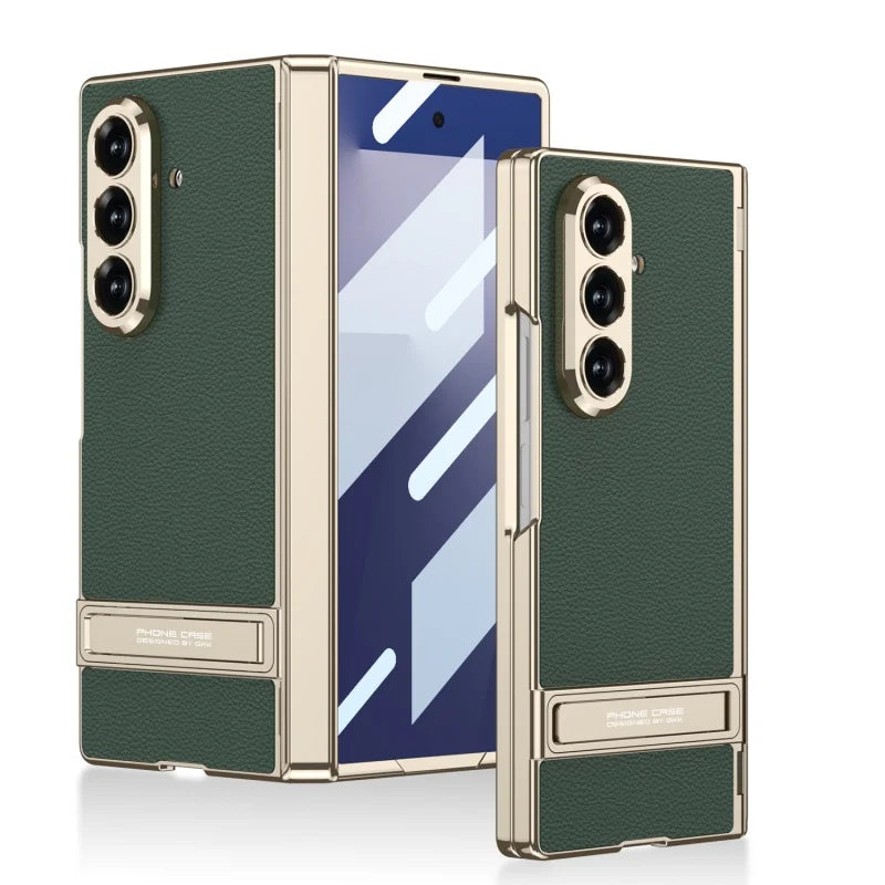 MechaStand Fold – Electroplated Vegan Leather Case with Mechanical Stand